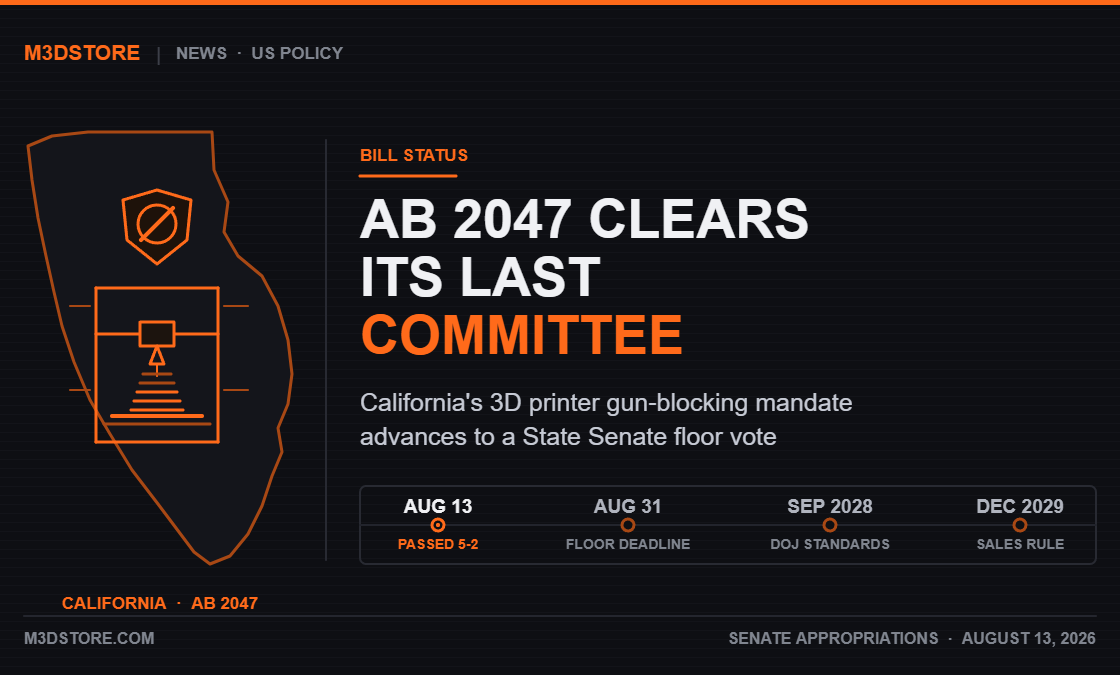 California’s 3D Printer Blocking Mandate Just Cleared Its Last Committee — AB 2047 Goes to the Senate Floor