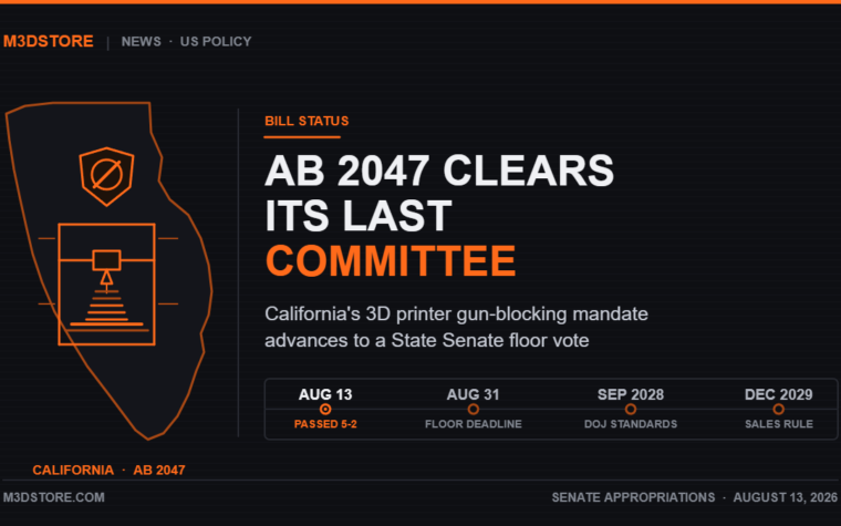 California’s 3D Printer Blocking Mandate Just Cleared Its Last Committee — AB 2047 Goes to the Senate Floor